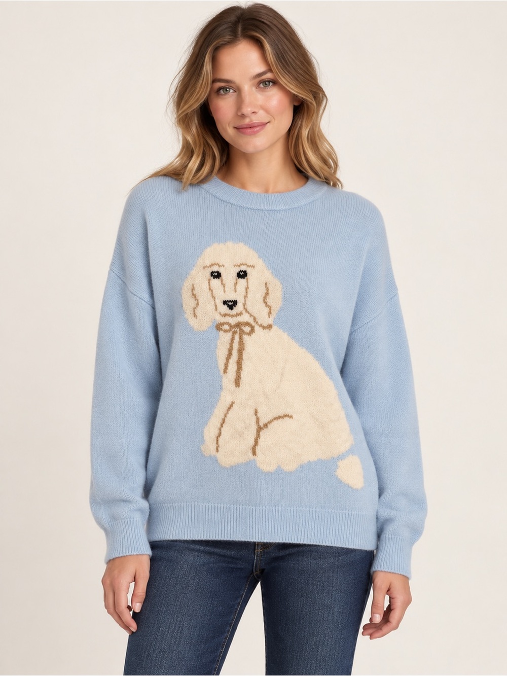 New! Anthropologie Maeve Light Blue Knit Pullover White Poodle sz M